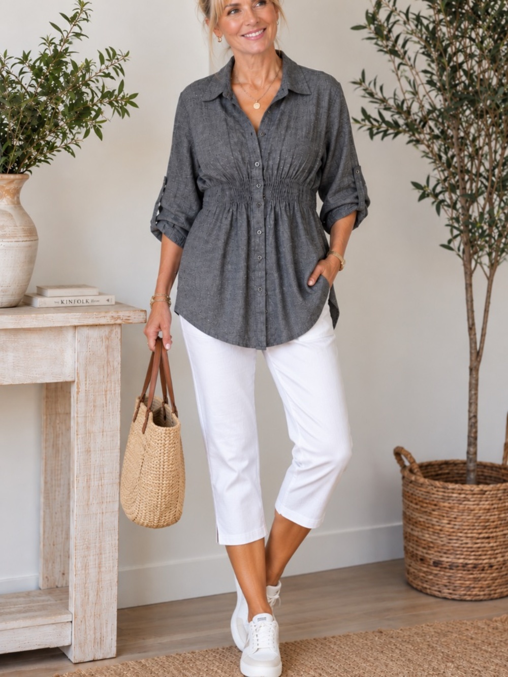 Harvé Benard Linen Cotton Button Front Blouse Gray Size L Smocked Waist
